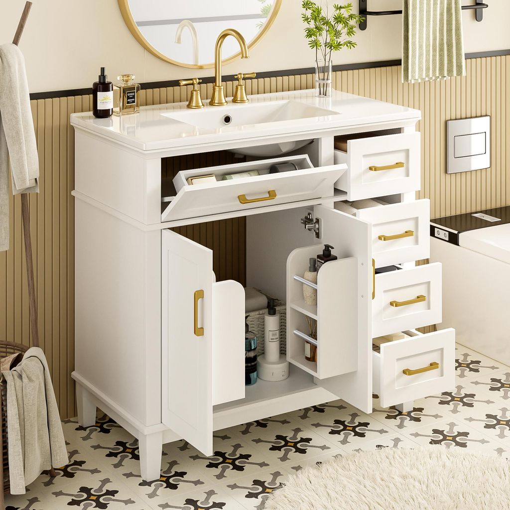 okwish Badezimmerschrank Standschrank Waschbeckenunterschrank mit Schubladendämpfung,Badmöbel Unterschrank mit vier Schubladen und Innenablagen,W...