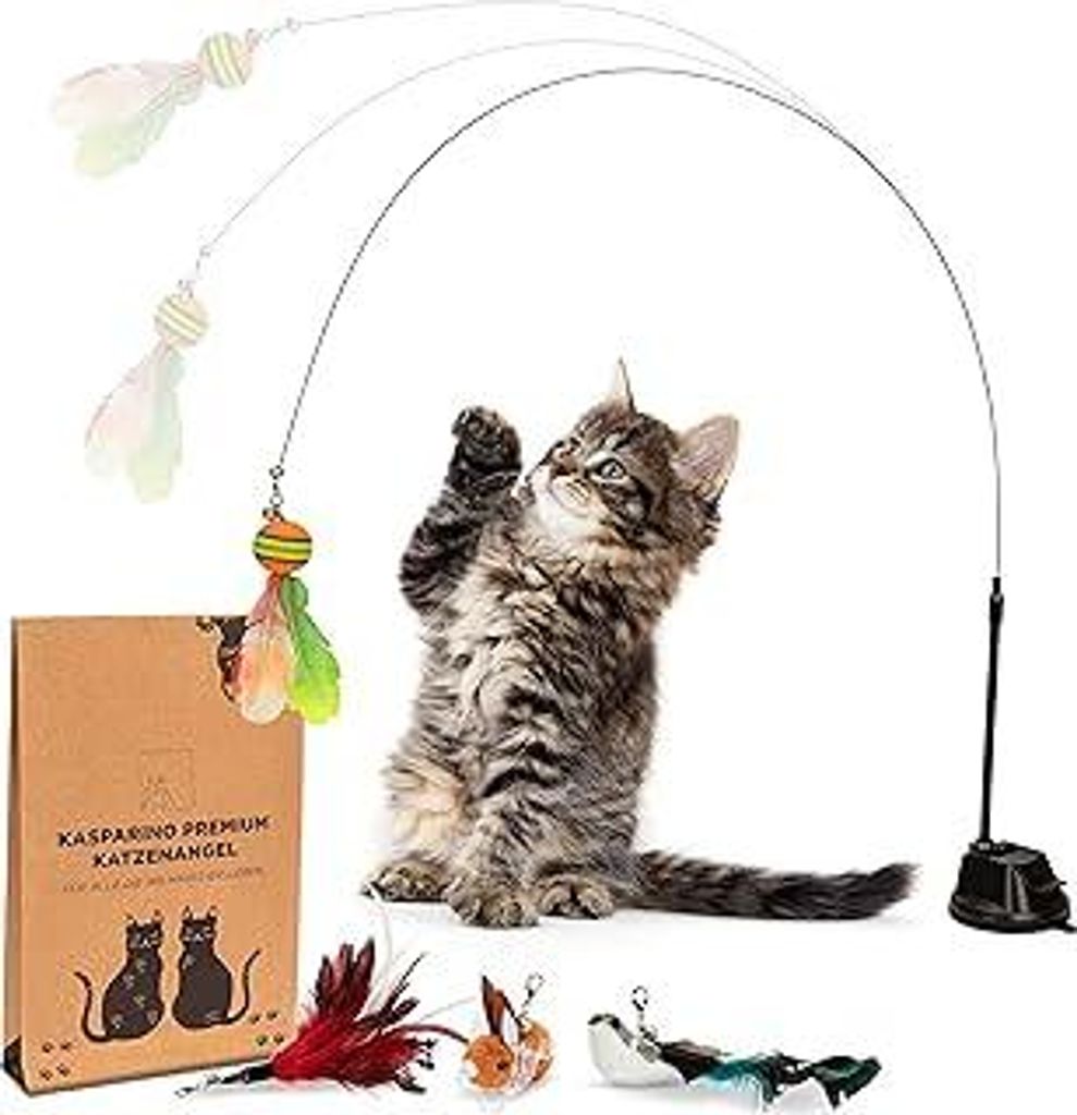 KASPARINO Katzenangel stabil - Katzenspielzeug Angel mit Federn, Vogel & Saugnapf - Selbstbeschäftigung - Langlebige Katzen inkl. Katzenminze - in...