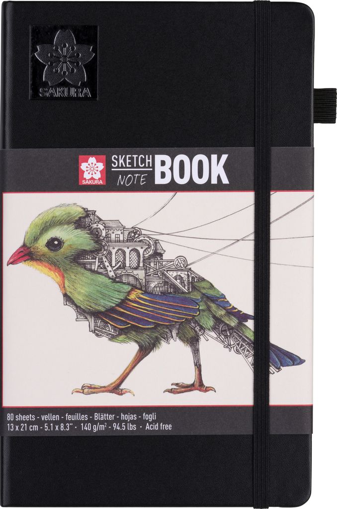 A black sketchbook with a decorative band featuring an illustration of a bird and text.