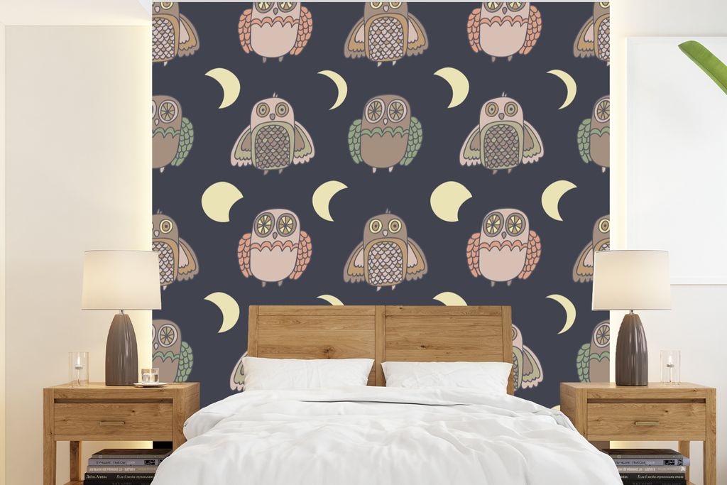 MuchoWow Fototapete für Wohnzimmer oder Schlafzimmer Wandtapete Vinyl Motivtapete Eule - Muster - Mond - 220x240 cm - Wohnzimmer-Tapete