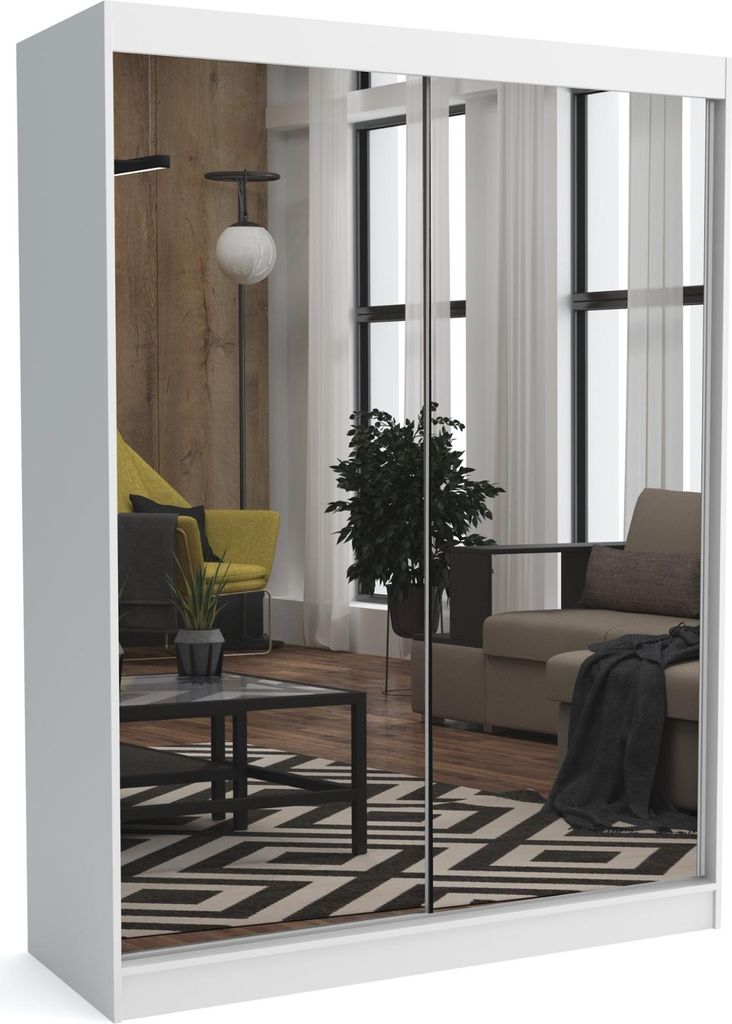 Brent - Kleiderschrank mit Spiegel Dave, Schlafzimmerschrank mit 1 Kleiderstange und Einlegeböden für Kleidung, 160x215x60 cm, Weiß
