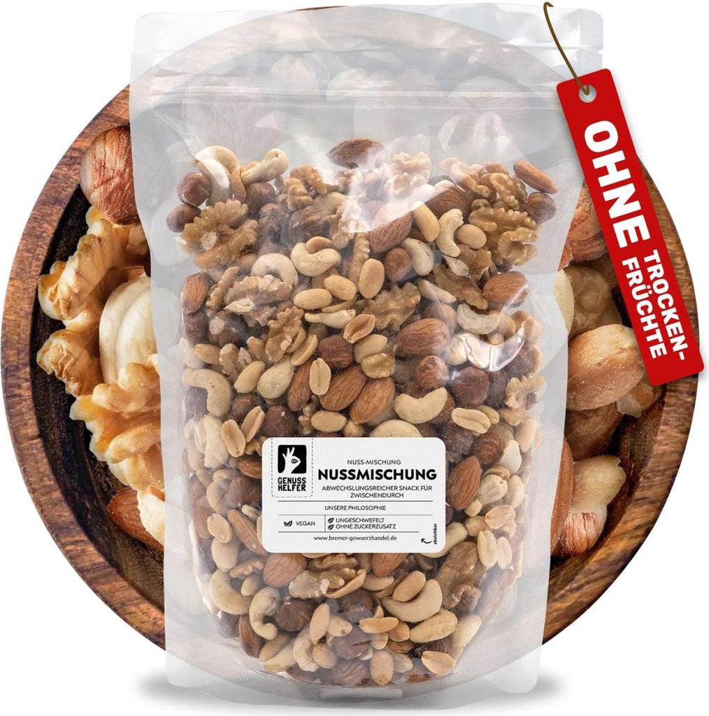 Nussmischung 1 Kg aus Cashewkernen, Walnüssen, Erdnüssen, Mandeln & Haselnüssen, ungesalzen - Nussmix, Studentenfutter Großpackung, Nüsse ohne...