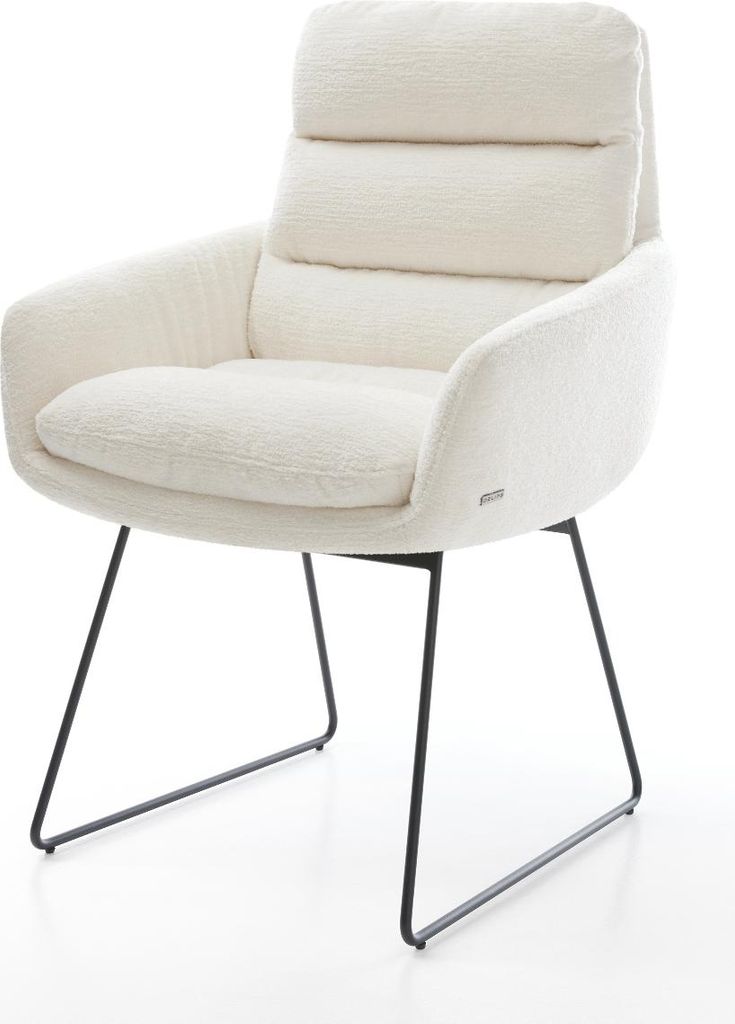 DELIFE Esszimmerstuhl Abelia-Flex mit Armlehnen Bouclé Soft Beige Kufengestell Schwarz