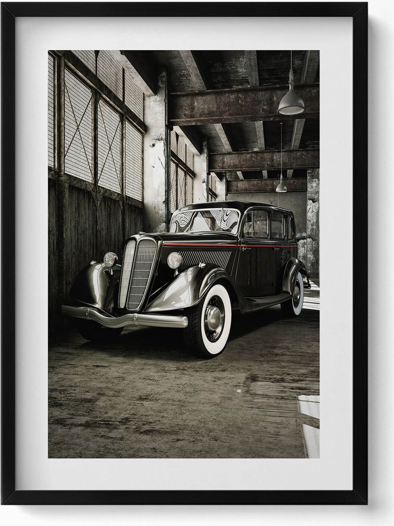 Oldtimer in einer alten Fabrik– Wandbild mit Rahmen – Produktbild 