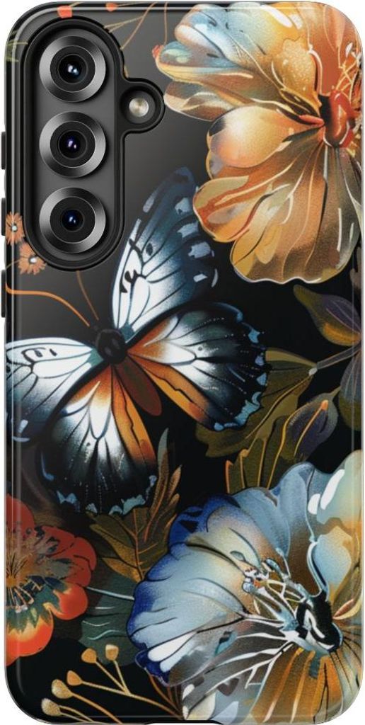 Schmetterlinge und Blumenmuster auf Schwarz – Hülle Kompatibel mit Samsung Galaxy S25 Plus