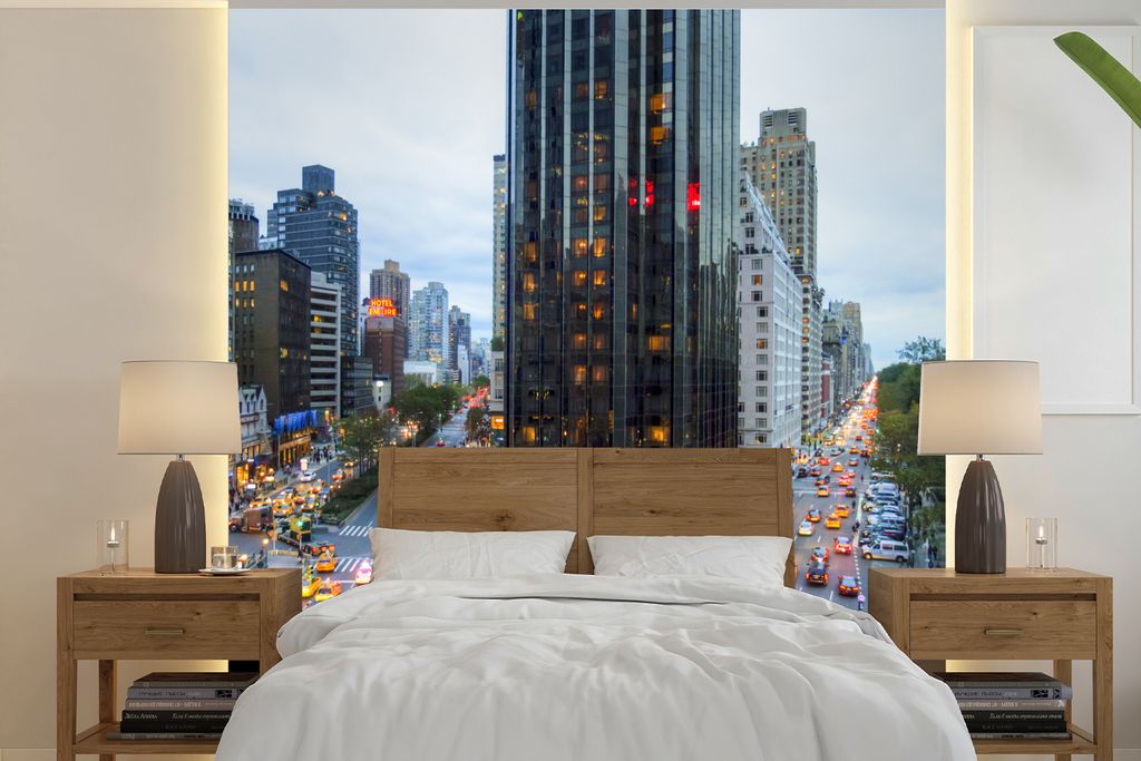 MuchoWow Fototapete für Wohnzimmer oder Schlafzimmer Wandtapete Vinyl Motivtapete New York - Broadway - Taxi - 220x220 cm - Tapeten