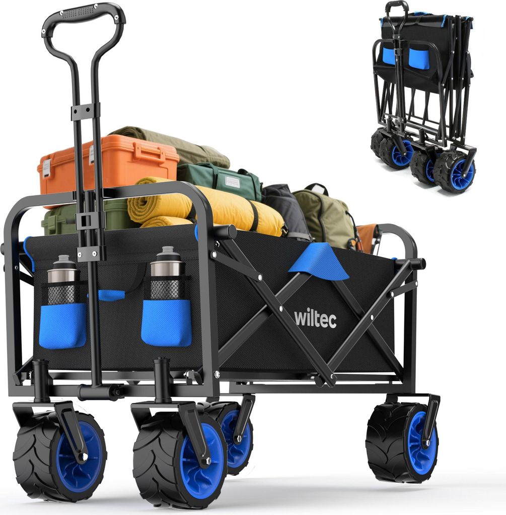 Wiltec Faltbarer Bollerwagen mit breiten Rädern, Faltbollerwagen Offroad geeignet, Strandbollerwagen mit Handgriff, stabiler Klappbollerwagen