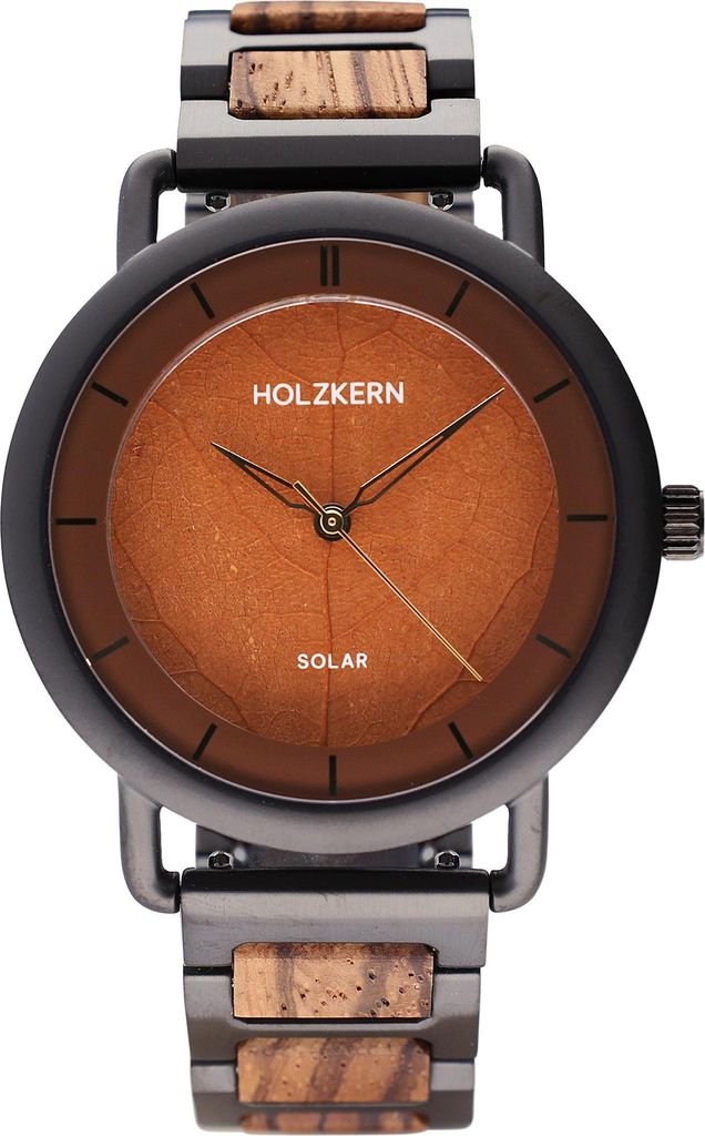 Holzkern Herren-Armbanduhr Solar Lauri Zebrano/Blatt Braun