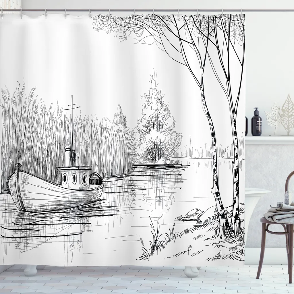 ABAKUHAUS Tenda da doccia naturale, fiume di barche in bianco e nero, stampa personalizzata, 12 ganci inclusi, colori resistenti, decorativa con colori chiari, 175 x 220 cm, bianco e nero