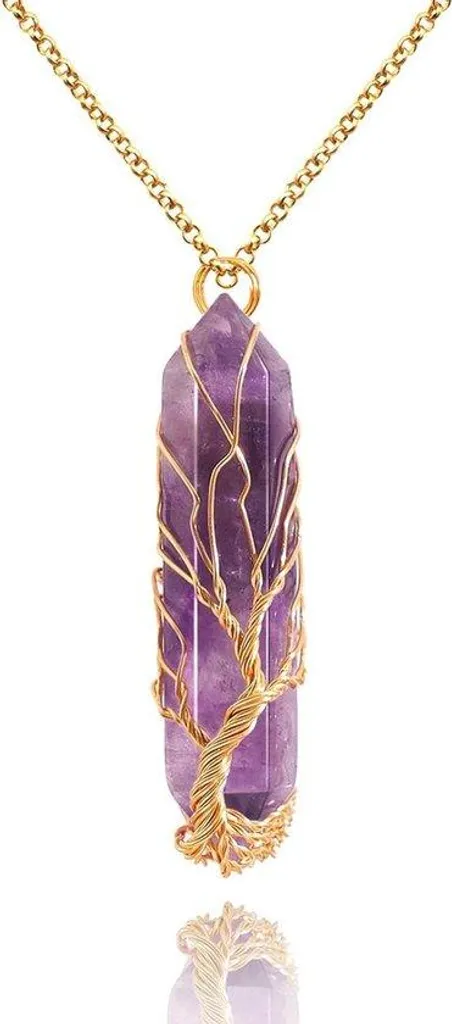 Pendentif améthyste violette et arbre de vie en cristaux, coffret cadeau