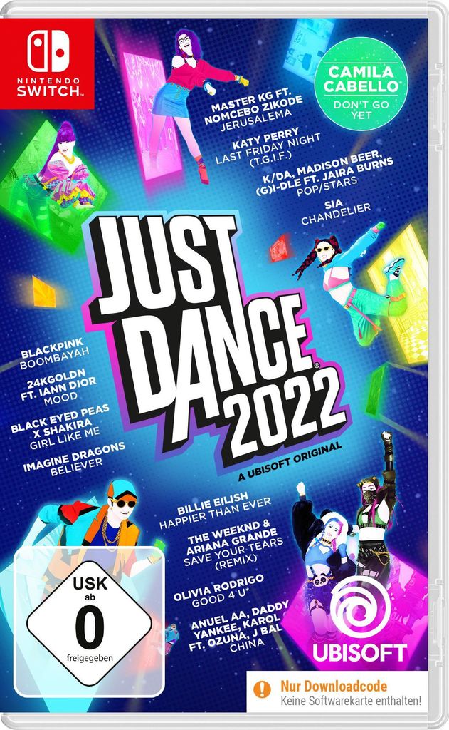 The image is a marketing image for the Nintendo Switch game 'Just Dance 2022', featuring colorful graphics and song titles.