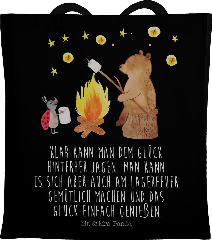 Mr. & Mrs. Panda Baumwolltasche Bär & Marienkäfer Lagerfeuer - Schwarz - Geschenk, Beutel, canvas tasche, Teddy, Schultasche, Laptoptasche, Tote Bag