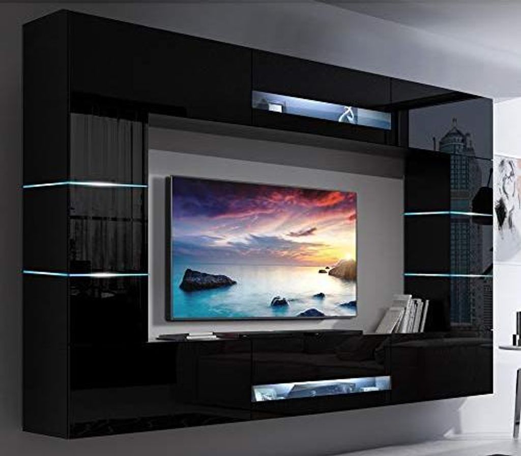Furnitech Wohnwand Wohnzimmer Schwarz Hochglanz (273 cm) - Hängend Wohnwand Modern - Wohnzimmer Schrankwand mit Regale und TV Schrank Möbel ohne LED
