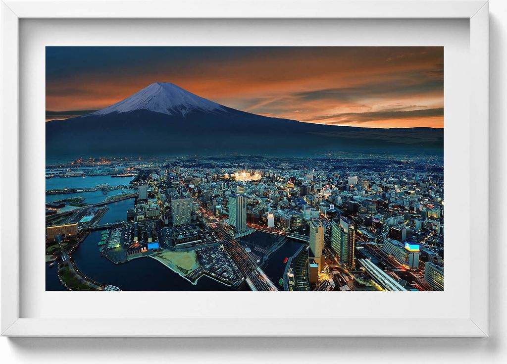 Blick auf Tokio und den Berg Fuji– Wandbild mit Rahmen – Gerahmtes Bild – Wanddekoration – 60x40 cm – Schwarz Rahmen