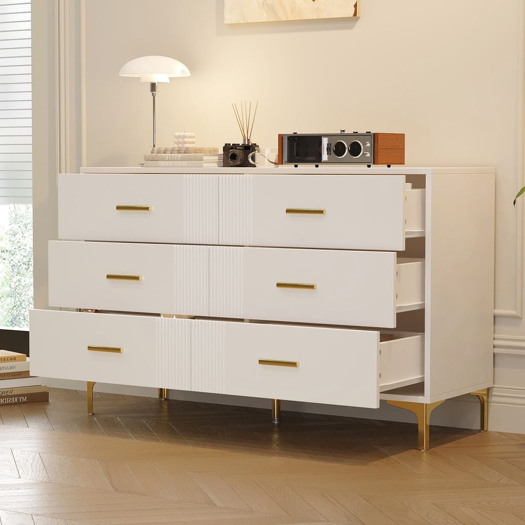 Flieks Kommode mit 6 Schubladen, 120x40x76 cm, Aufbewahrungskommode mit goldenen Metallbeinen, Schubladenschrank Beistellschrank weiß