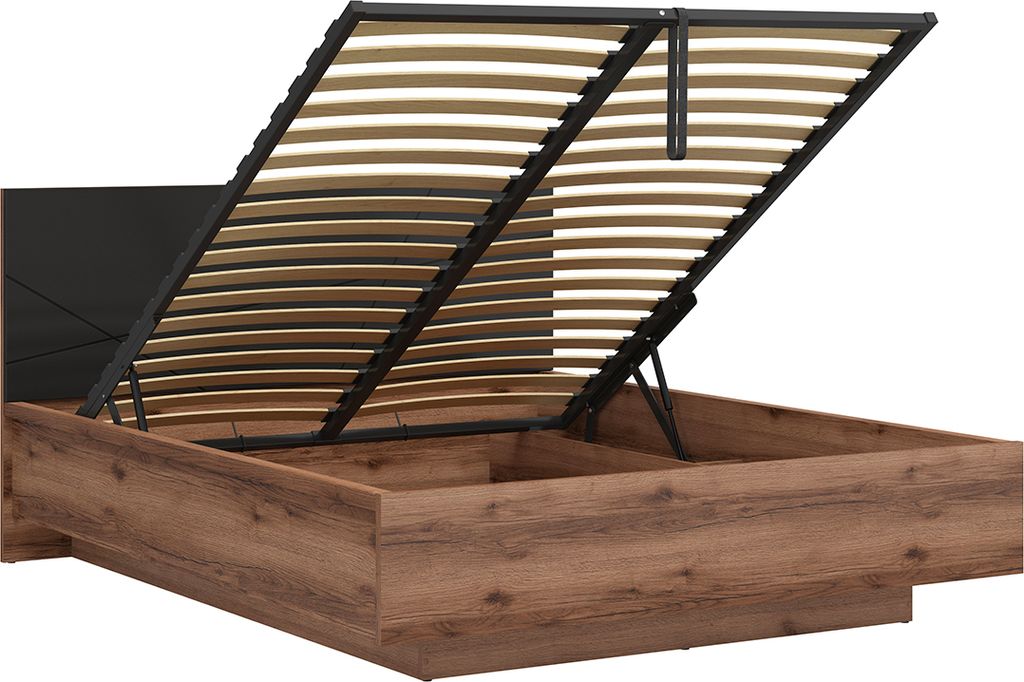 Bett mit Bettkasten 160x200cm Schwarz und Holzoptik