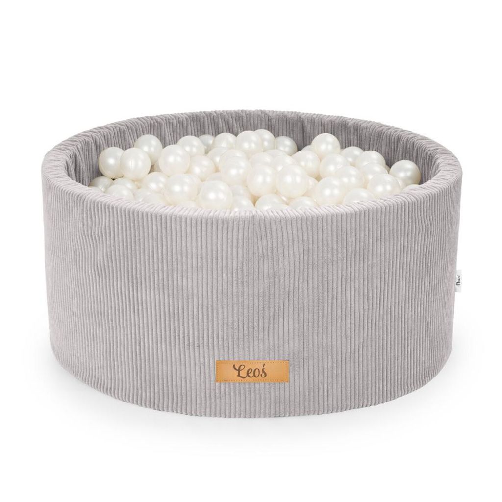Bällebad für Babys & Kleinkinder 90x40 – personalisiertes Schaumstoff-Bällebad mit 200 Bällen Ø7 cm – grauer Cord-Schaumstoff, Bälle perl...