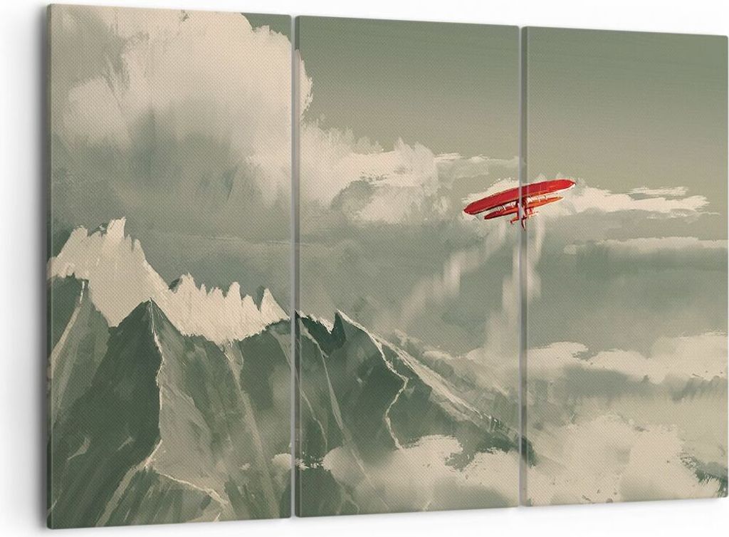 Bild auf Leinwand - Leinwandbild - 3 Teile - Rot Flugzeug Berge - 105x70cm - Wand Bild - Wanddeko - Wandbilder - Leinwanddruck - Bilder - Wanddekor...
