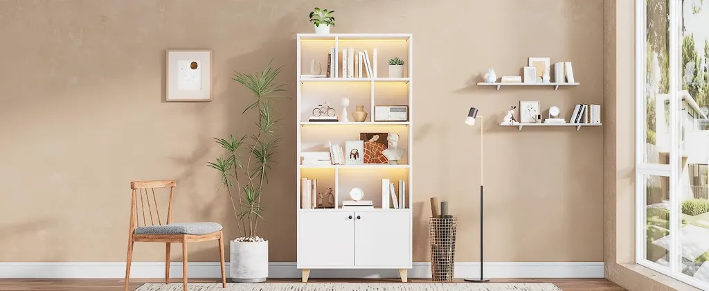 Bibliothèque LED avec Télécommande et Compartiments, Style Blanc Épuré - 20