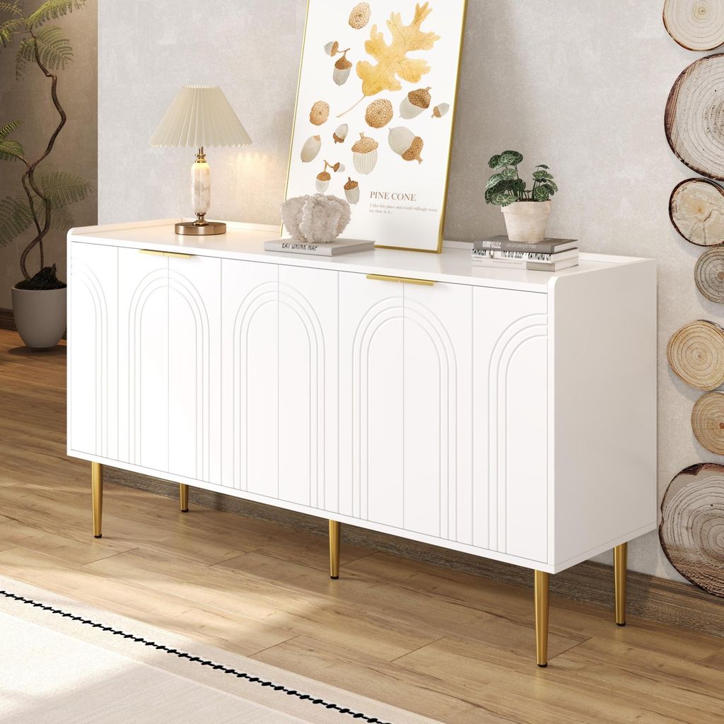 Merax Sideboard mit 4 Schranktüren und verstellbaren Einlegeböden, Anrichte mit gewölbten Türen und goldenen Eisenbeinen, modernes Kommode Weiß