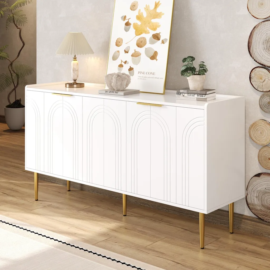 Commode Moderne avec Portes Bombées et Étagères Ajustables en Finition Blanc