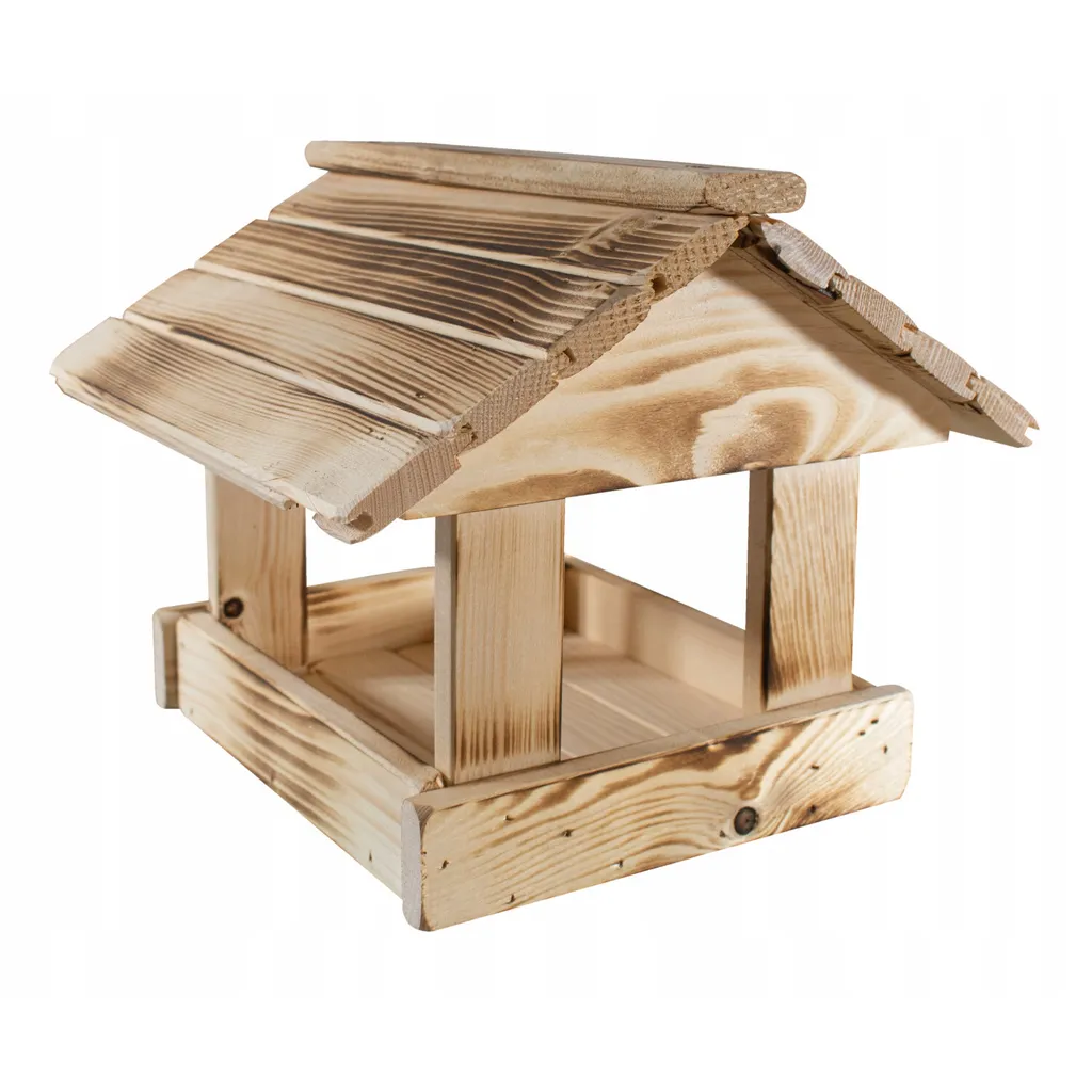 Mangeoire à Oiseaux en Bois Brûlé pour Jardin - Distributeur de Graines