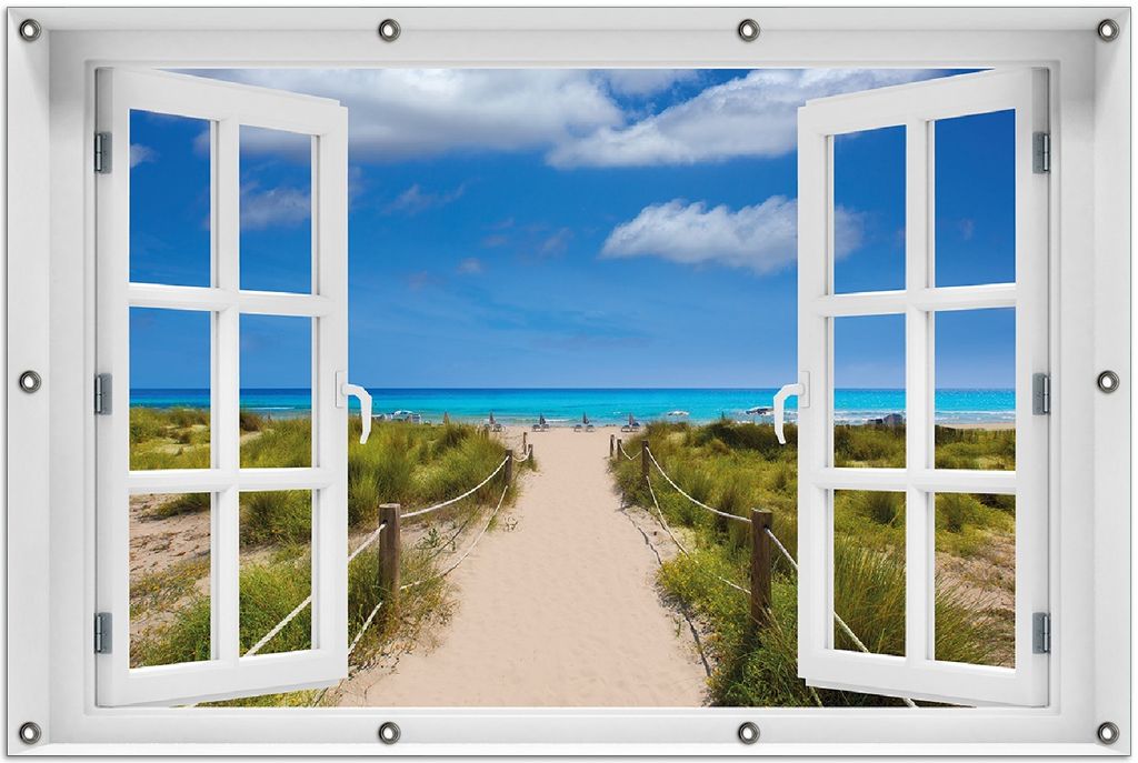 Wallario Outdoor-Poster für Garten oder Balkon 100 x 150 cm: Sandweg zum blauen Meer mit blauem Himmel