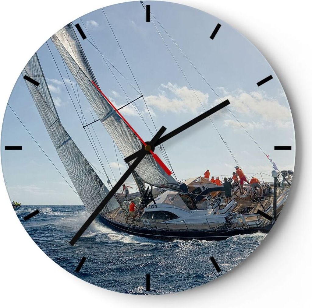 Wanduhr - Rund - Glasuhr - Segelschiff Meer - 30x30cm - Schleichendes Uhrwerk - Lautlos - zum Aufhängen bereit - Dekoration Modern - Wanddekoratio...