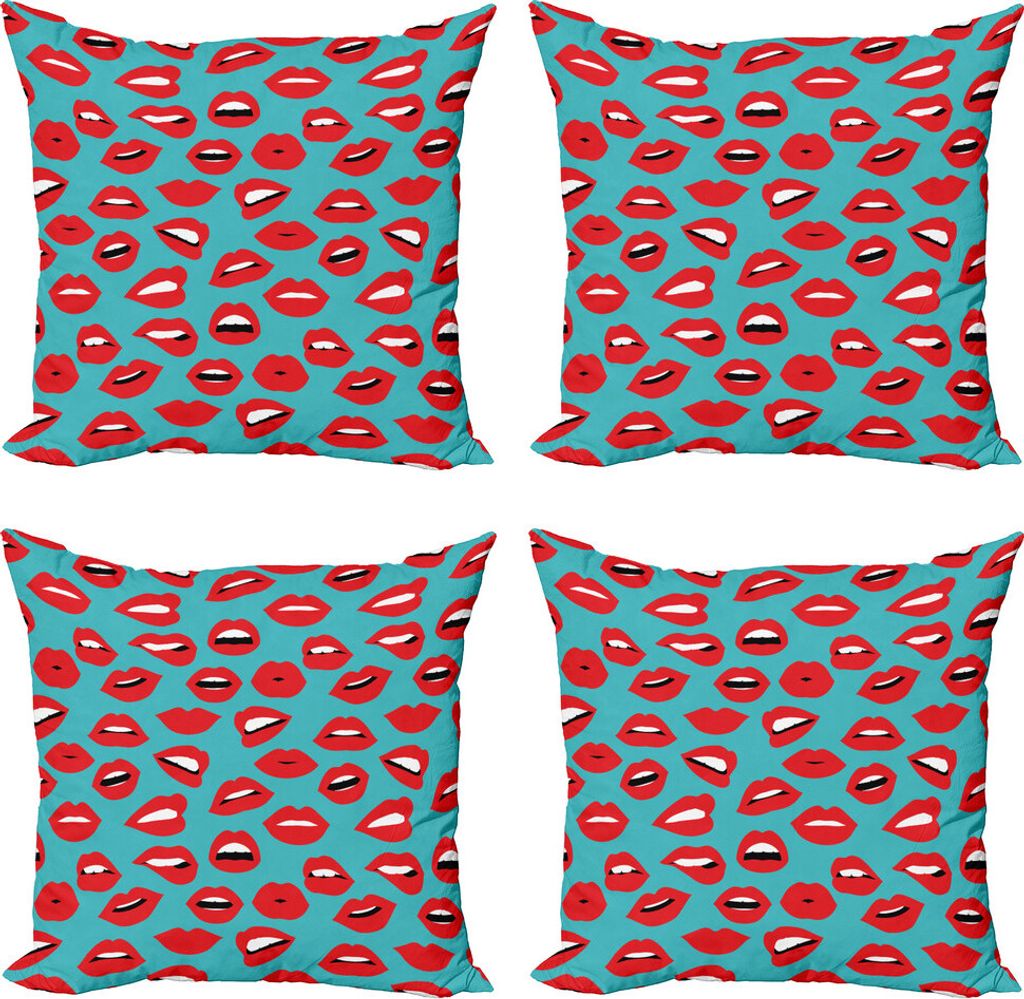 ABAKUHAUS Kuss Kissenbezug Set (4 Stück), Retro Frau Roter Lippenstift, Moderner Doppelseitiger Digitaldruck, 45 cm x 45 cm, Teal Rot Weiß