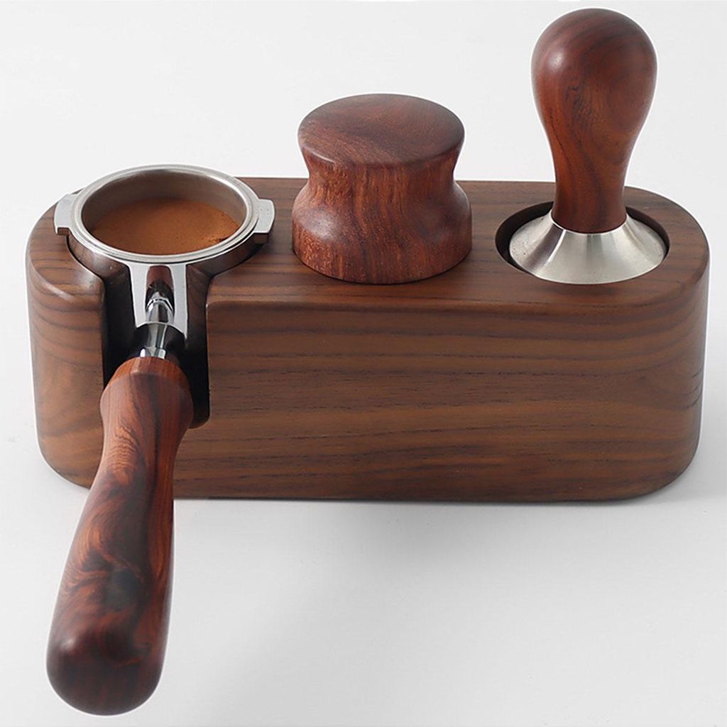 Espresso Tamper Station aus Walnussholz, 3-Loch 51 mm, rutschfest, höhenverstellbar, mit Silikonmatte, Halter für Siebträger & Tamper