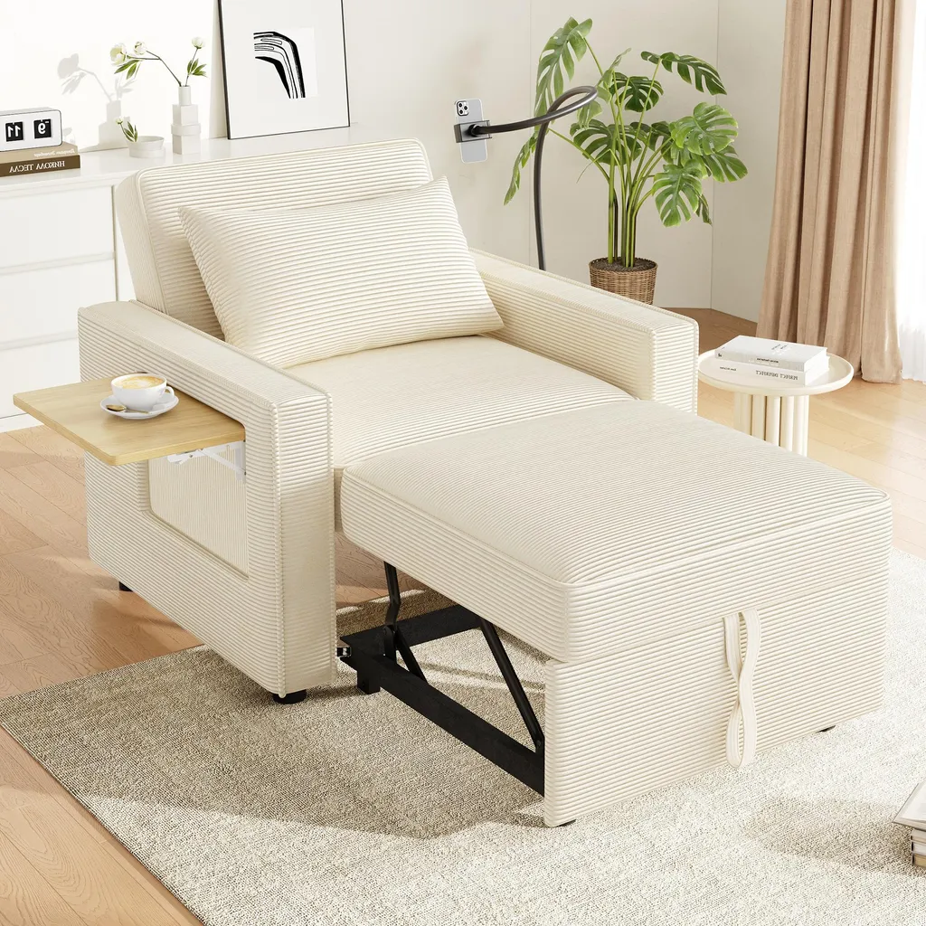 Fauteuil lit pliant beige anti-encombrement avec chargeur USB et support mobile
