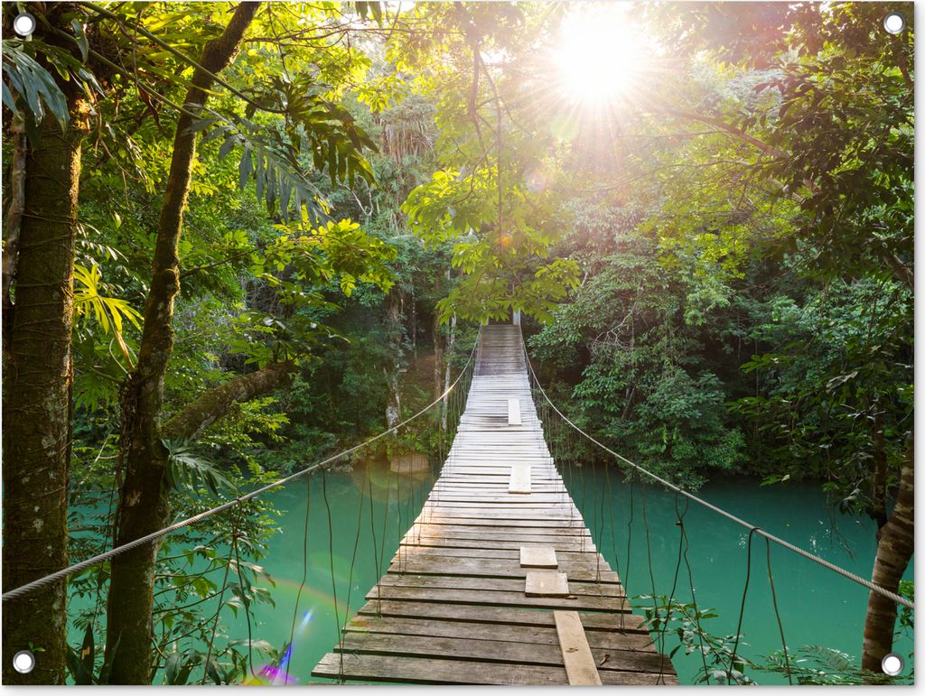 MuchoWow 80x60 cm Outdoor-Poster Gartendeko Sichtschutz Garten Poster für den Garten Dschungel - Wasser - Brücke - Natur - Pflanzen