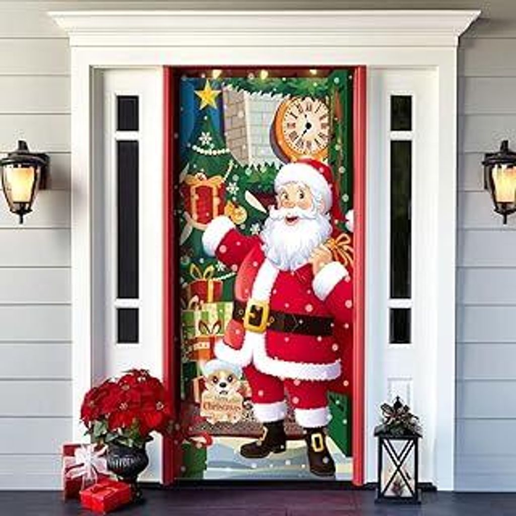 Weihnachten Tür Abdeckung Dekoration Weihnachtsmann Hängen Banner Hintergrund, Weihnachtsbanner für Haus Haustür Veranda Weihnachten Deko -90 x...