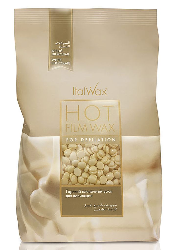 A bag of ItalWax Hot Film Wax in White Chocolate flavor, showing the product packaging and the wax beans inside.