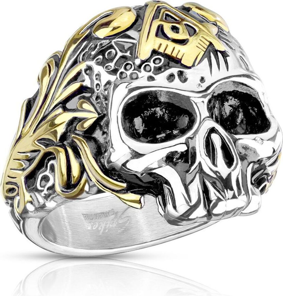 Herrenring Edelstahl Totenkopf Skull Zweifarbig Freimaurer Winkel Zirkel Autiga silber 70 - Ø 22,20 mm