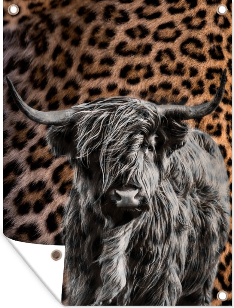 MuchoWow 60x80 cm Outdoor-Poster Gartendeko Sichtschutz Garten Poster für den Garten Schottischer Highlander - Schwarz - Weiß - Panther