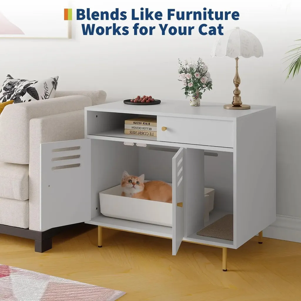 Table d'appoint pour chat avec compartiment litière caché coloris blanc - 3