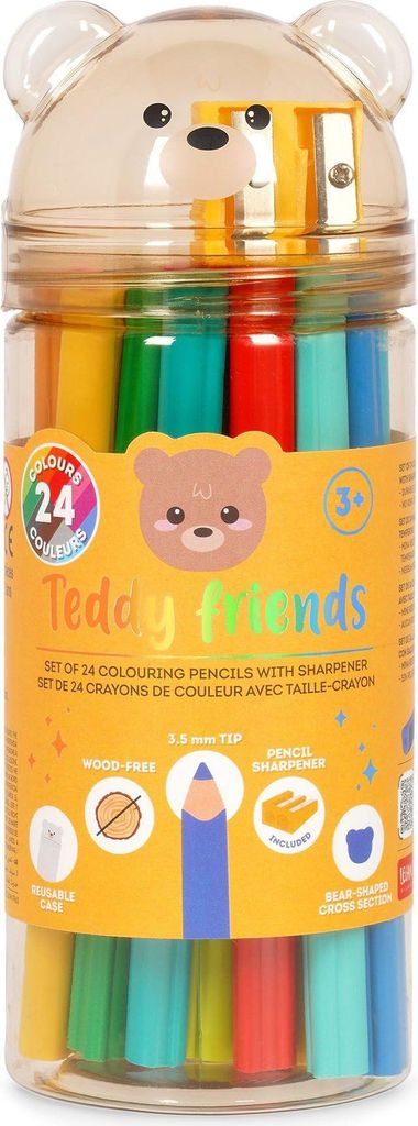 A clear product shot of a container of colored pencils with a teddy bear design.