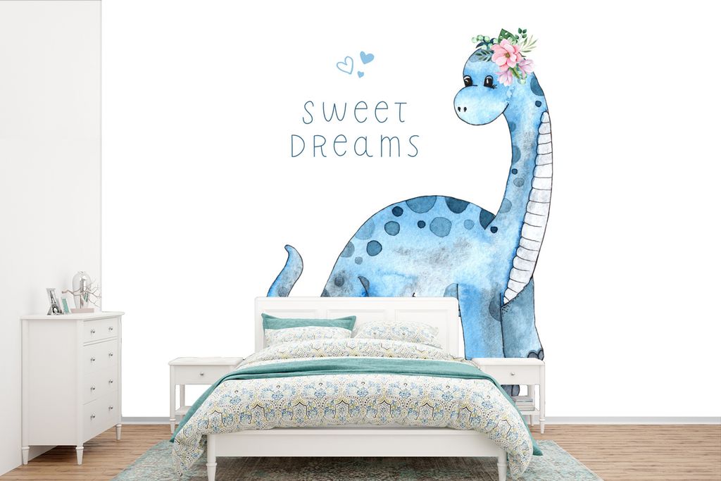 MuchoWow Fototapete für Wohnzimmer oder Schlafzimmer Wandtapete Vinyl Motivtapete Dinosaurier - Tapete Kinderzimmer - Süße Träume - Jungen -...