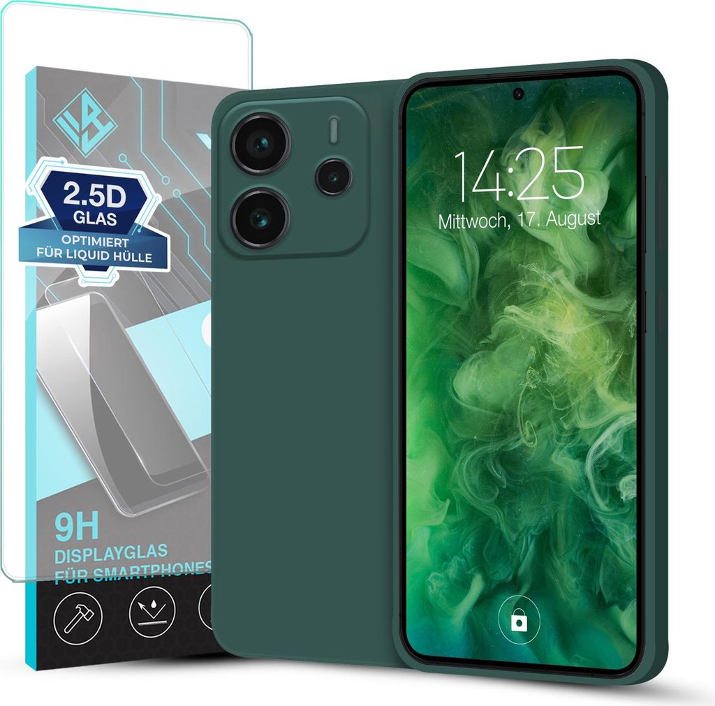 Hülle für Xiaomi Redmi Note 14 mit 9H Displayglas Displayschutz Plus Case Cover Bumper Silikon Softgrip Schutzhülle Farbe: Grün