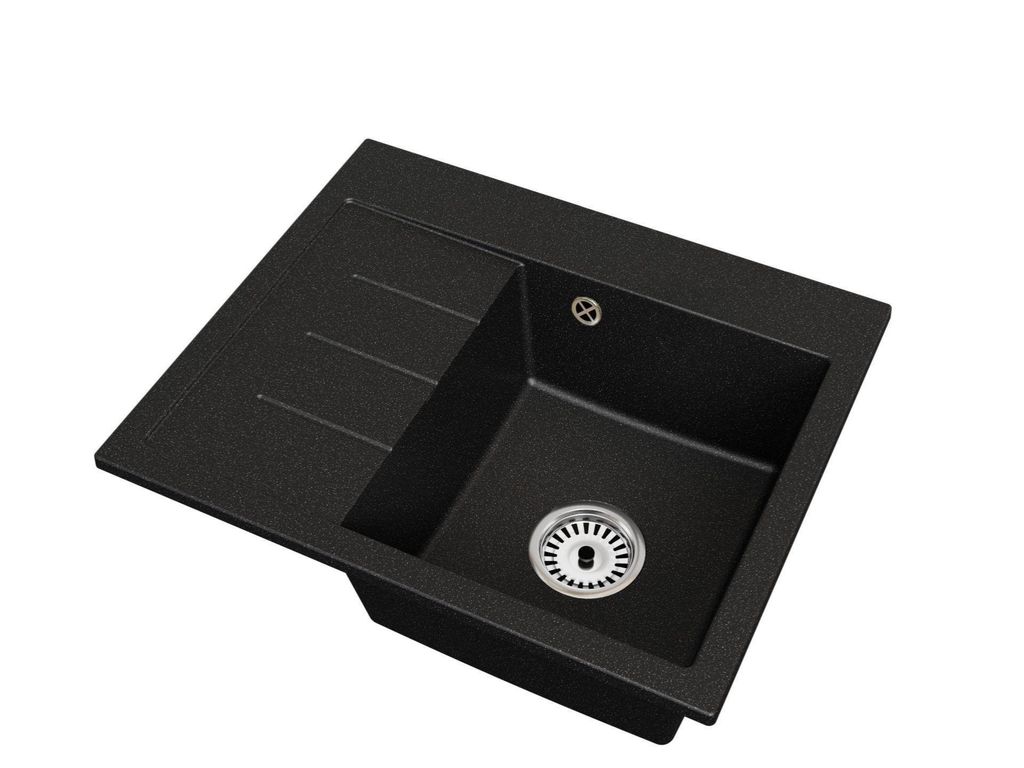 Granitspüle Einbecken EXCLUSIVE 60 Links – Schwarz gesprenkelt mit Siphon in Chrom