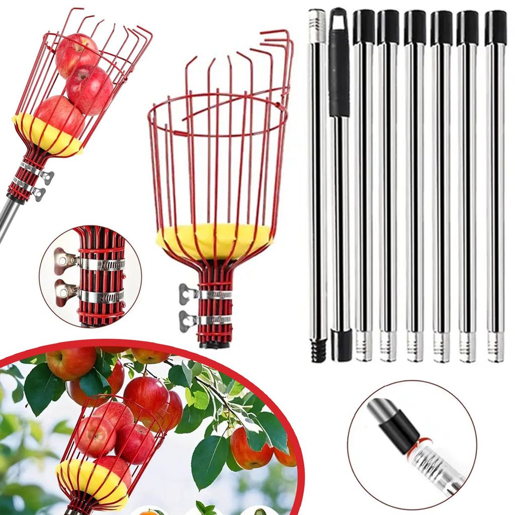 Apfelpflücker, Obstpflücker mit Metallkorb und Produktbild 