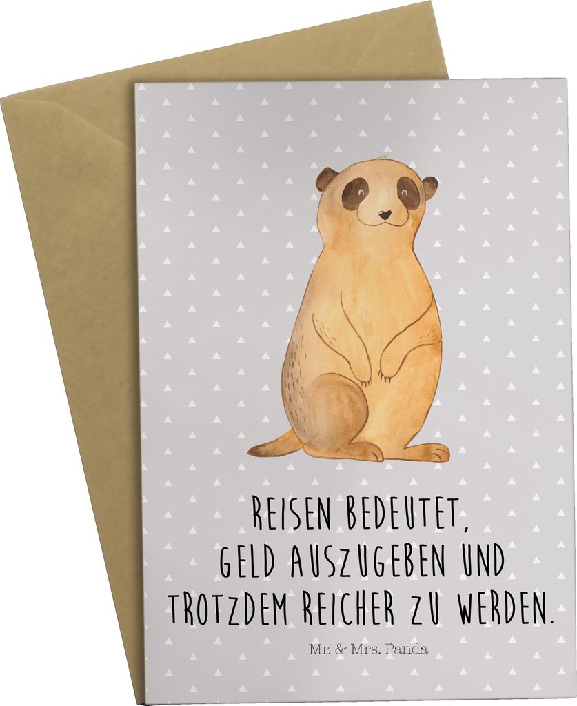 Mr. & Mrs. Panda Glückwunschkarte Erdmännchen - Grau Pastell - Geschenk, Afrika, Spruch, Roadtrip, weihnachtskarten, einladungskarten, osterkarte...