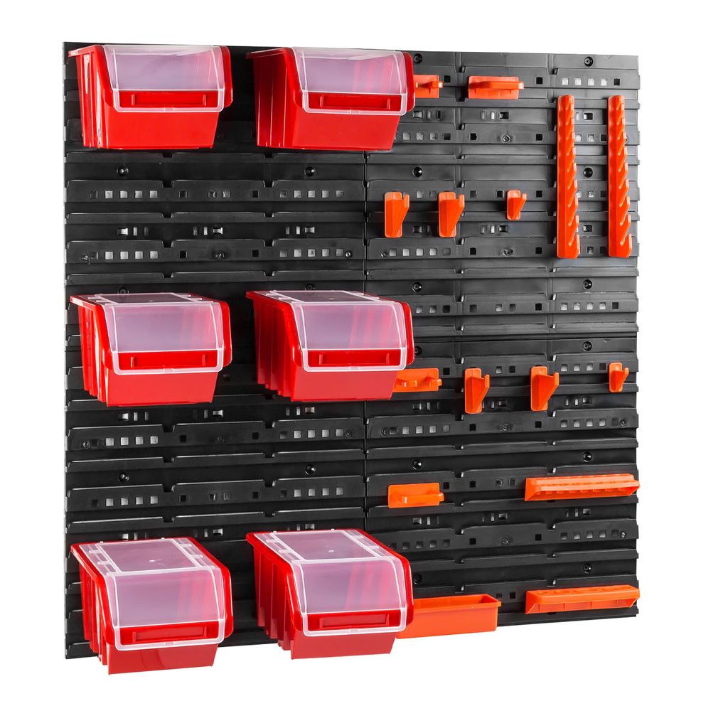 Werkstattwandregal Werkzeughalter Stapelboxen wandplatten mit boxen Sortierregal 6 stck. Box mit Deckel Wandregal 80 x 80 cm Werkzeugtrager Schütt...