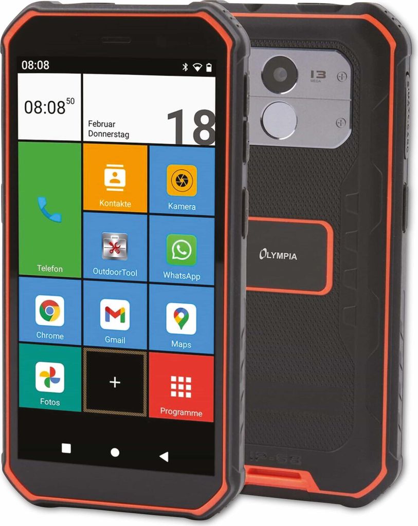 A rugged smartphone with an orange trim is shown from the front and back.