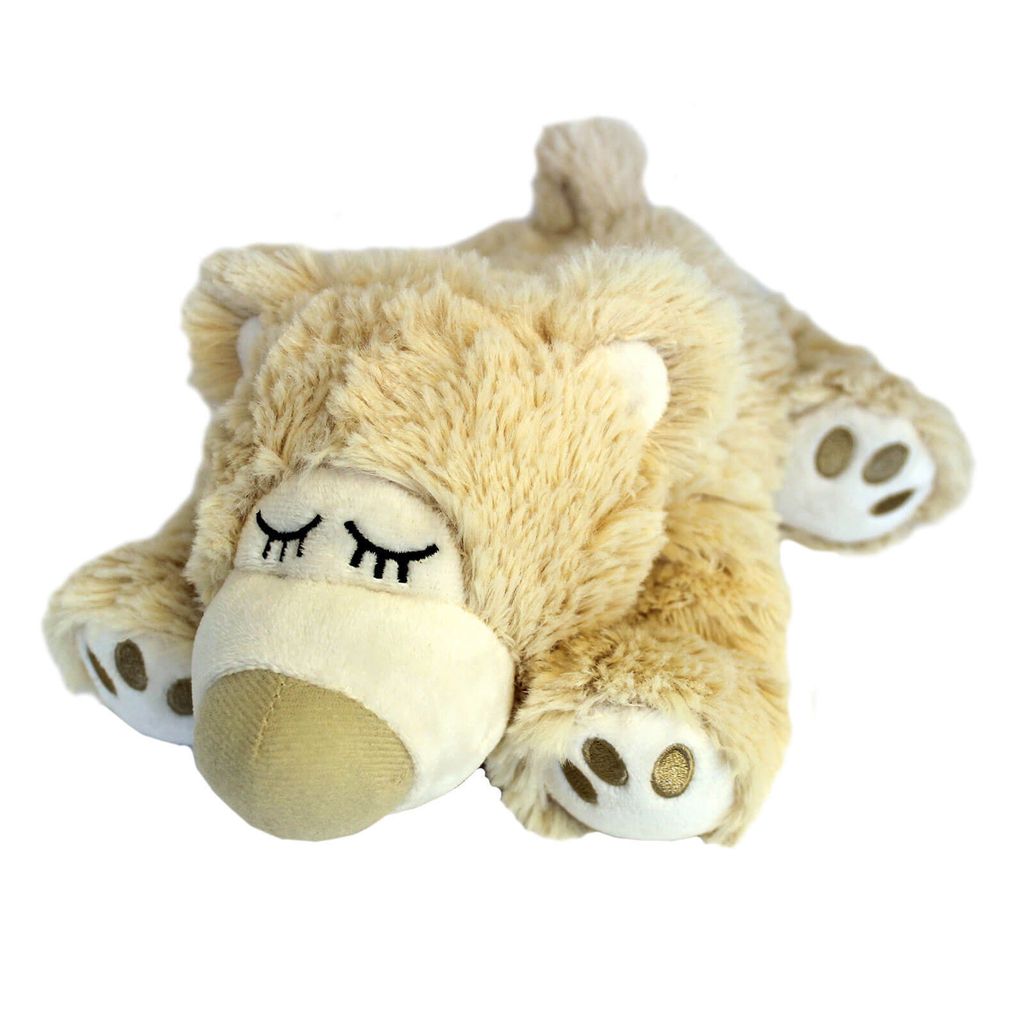 A plush toy bear lying on its stomach.