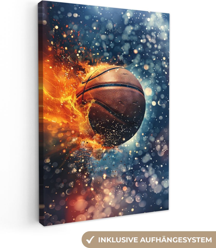 MuchoWow - Leinwandbilder - Basketball - Feuer - Sport - Blau - Orange, Wandbild, Wanddeko Bilder Wohnzimmer, 40x60 cm