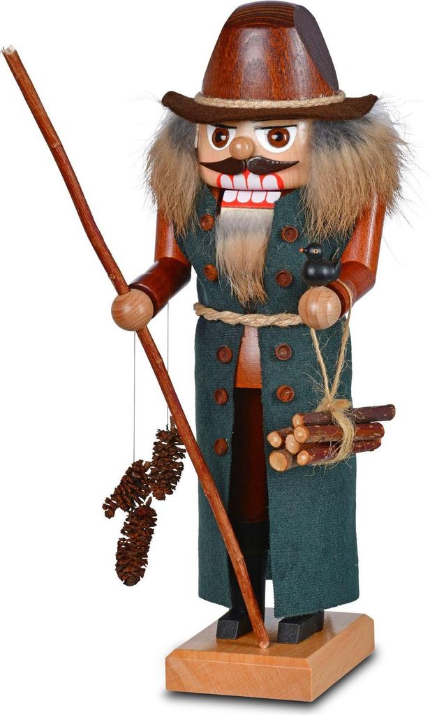 Nussknacker Dunkel gekleideter Rübezahl mit grünem Mantel, Wanderstock und Naturaccessoires BxHxT 11x27x11cm NEU