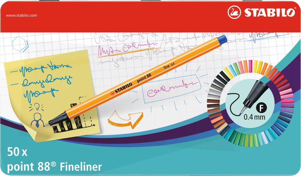 Fineliner - STABILO point 88 - 50er Metalletui - mit 47 verschiedenen Farben - 2x blau, rot, schwarz