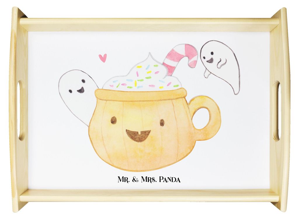 Mr. & Mrs. Panda Deko Tablett Kaffee Gespenst - Weiß - Geschenk, Geschenke, Servier, Halloween, aus holz, Pumpkin Spiced Latte, betttablett, servi...